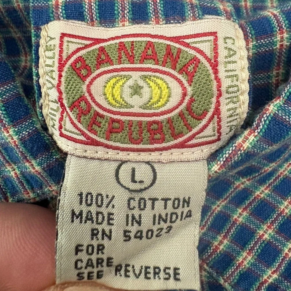 Banana Republic 90s Vintage  Shirt Mens Large Blue Plaid Short Sleeve Cotton